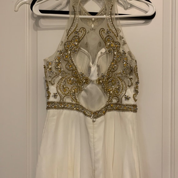 Cream/white A-line prom dress with gold/yellow rhinestones - Picture 8 of 14